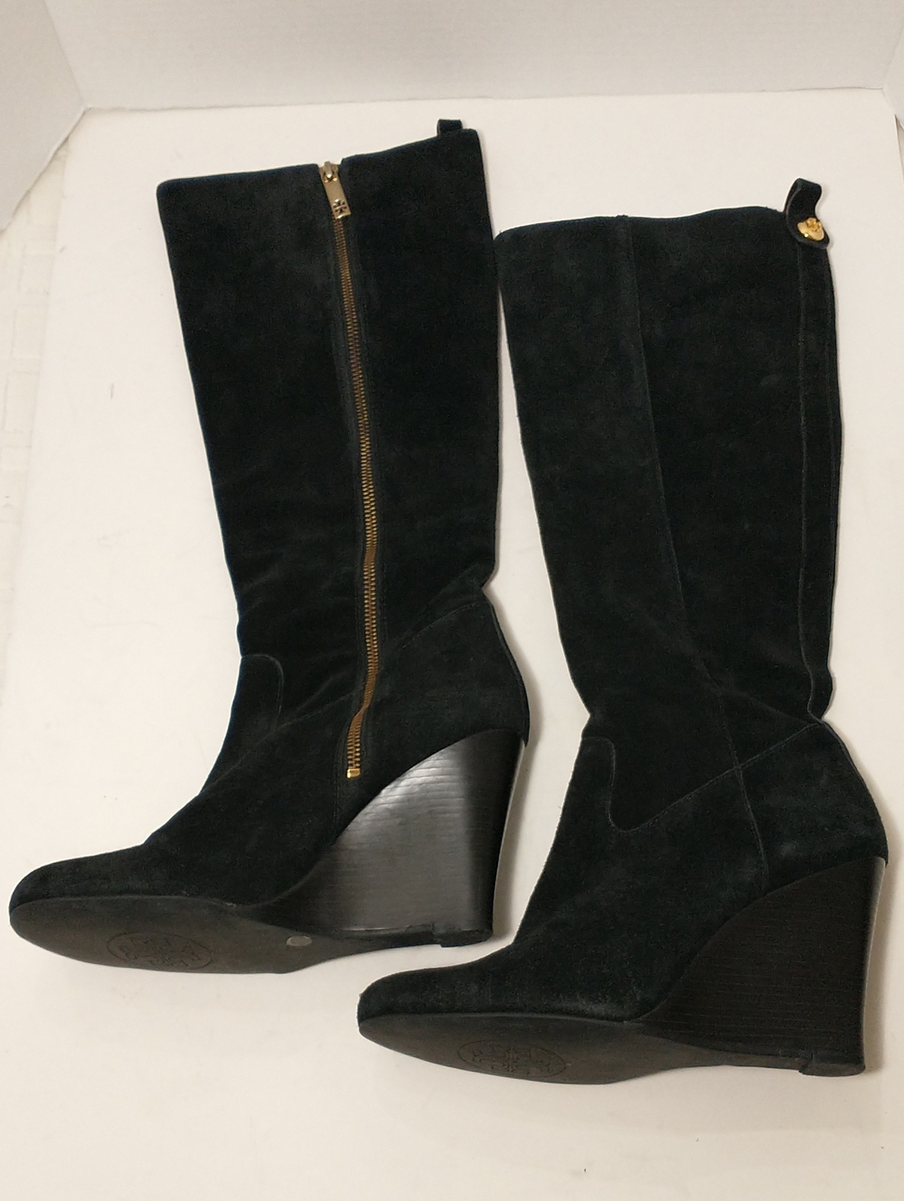 Tory Burch Black Suede Knee-high Wedge Boots, Size 9.5, Cottagecore, Career Wear